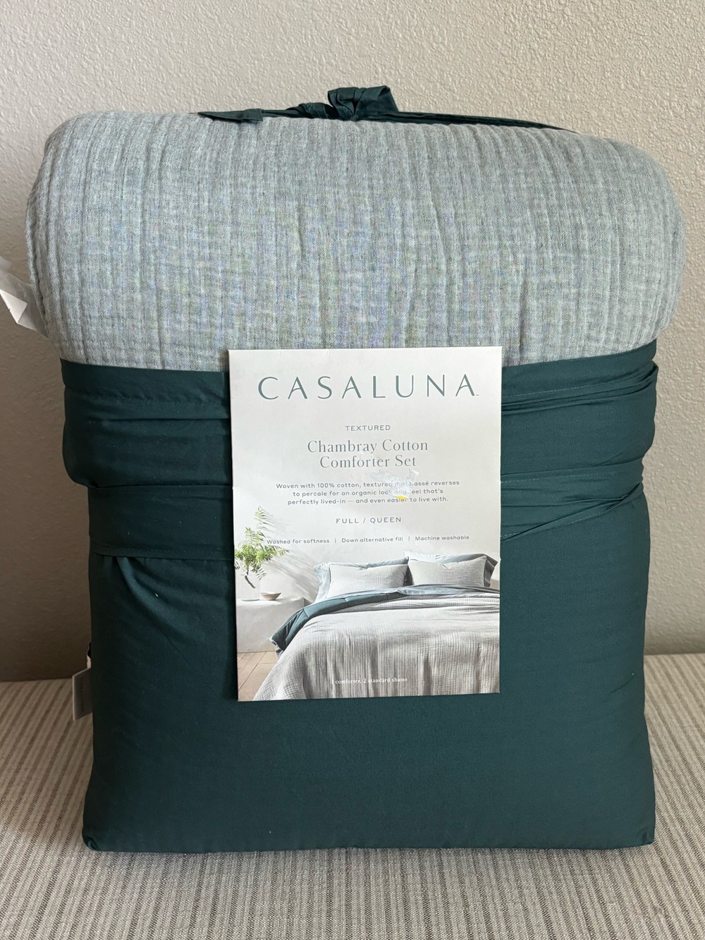 NWT Full/Queen Textured Chambray Comtorter & Sham Set Dark Teal Blue - Casaluna